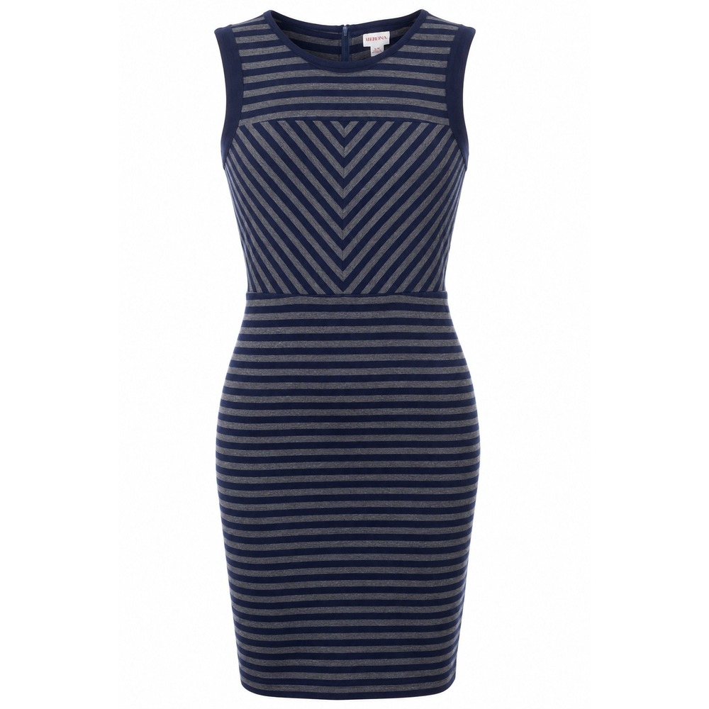 Merona Navy Gray Striped Sheath Dress Sleeveless Chevron Bodycon Career Midi
